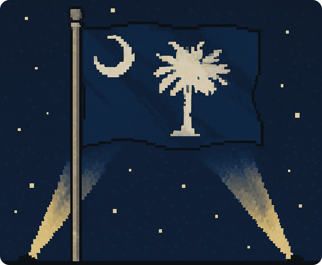 Pixel art of the South Carolina flag against a starry sky